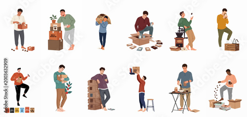 Flat vector illustration set of men managing coffee subscriptions, from receiving monthly boxes and carrying bean sacks to grinding and brewing fresh coffee.