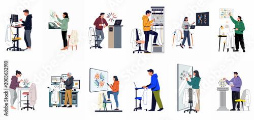 Collection of modern biotechnology and data science researchers working in a laboratory environment, featuring flat vector illustrations of diverse scientific tasks.