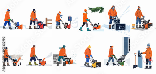 Collection of flat illustrations showing people in winter clothing operating various snowblowers to clear paths in snowy outdoor settings.