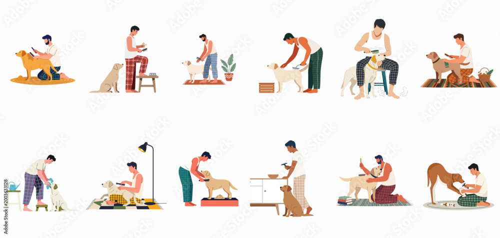 Fototapeta premium Collection of flat illustrations showing men grooming, brushing, and caring for their pet dogs in a variety of domestic indoor scenes.