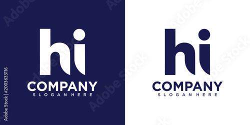 Two logos with letter hi and company text on white and blue backgrounds