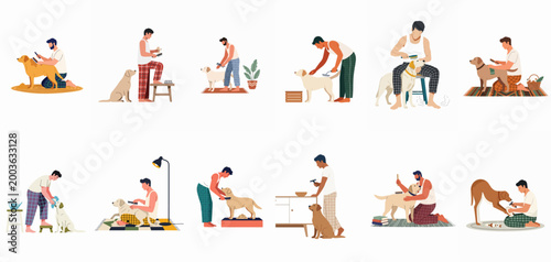 Collection of flat illustrations showing men grooming, brushing, and caring for their pet dogs in a variety of domestic indoor scenes.
