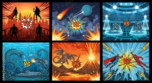 Tableau sur toile Set of comic book style battle scenes with superheroes, monsters, robots, and fa