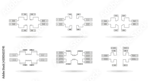 Photos Set of six tournament brackets for 8 teams, single elimination competition chart