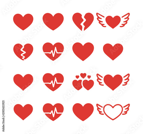 Heart icon set with broken hearts heartbeat and hearts with wings symbolizing love emotion health romance