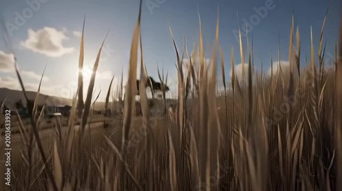 Golden hour illuminates a rural landscape with tall grass in foreground showcasing a small town nestled amongst rolling hills under a serene sunset sky