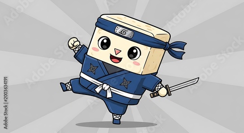 A cartoon character resembling a tofu block dressed in a ninja outfit, poised with a sword. The background is a radial gradient