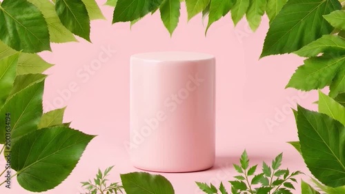 A cylindrical display platform is surrounded by green leaves on a soft pink background, creating a natural presentation setting