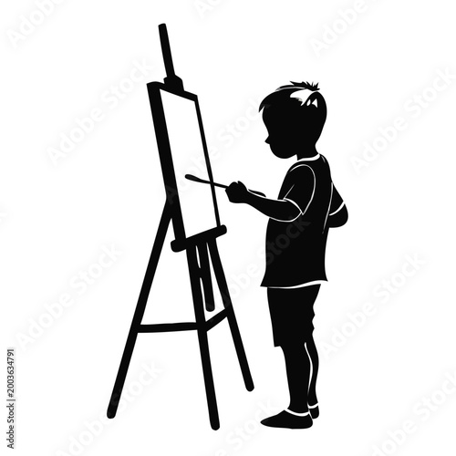 Child painting on easel with brush in hand, focused on artwork. Child demonstrates creativity and imagination at easel, expressing artistic vision.