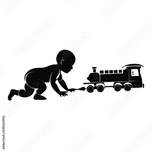 Baby crawling toward toy train in playful scene. Baby moves eagerly to engage with colorful toy train, showcasing curiosity and joy in early developmental stages.