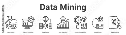 Data Mining web banner icon set vector illustration concept for business with icon of Data Mining, Pattern Detection, Data Cluster, Data Algorithm, Pattern Recognition, Data Scien.