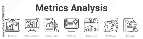 Metrics Analysis web banner icon set vector illustration concept for business with icon of Data Metrics, Performance Metrics, Statistical Analysis, Data Reporting, Data Dashboard, Trend Analys.