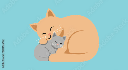 A heartwarming illustration of a large orange cat tenderly hugging a small gray kitten, both with eyes closed and smiles, against a solid light blue background, happy mother's day.