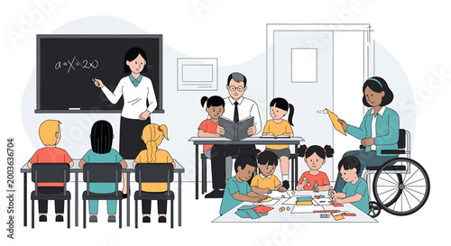Diverse group of children and teachers in a classroom setting, including a teacher in a wheelchair and students with varying needs.