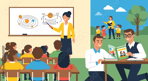 Diverse educational settings showcasing engaged students and dedicated teachers in classroom and outdoor learning environments.