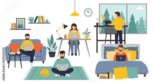 Illustration depicting people working remotely from various comfortable home environments, including a couch, desk, floor, and bed, all using laptops.