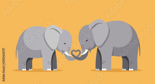 Two adorable cartoon elephants forming a heart shape with their trunks on a warm orange background, symbolizing love and friendship.