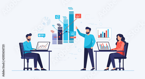 Team of professionals analyzing data and presenting insights using charts and graphs in a modern office setting.