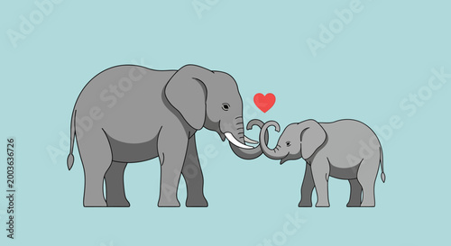A heartwarming illustration of two elephants, one large and one small, forming a heart shape with their trunks, symbolizing love and family bonds.
