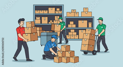 Warehouse workers diligently organizing and moving boxes, showcasing efficient logistics and teamwork in a storage facility.