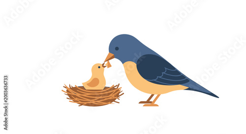 A mother bird is feeding her baby chick in a nest with a worm, happy mother's day poster.