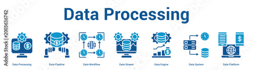 Data Processing web banner icon set vector illustration concept for business with icon of Data Processing, Data Pipeline, Data Workflow, Data Stream, Data Engine, Data Syst.