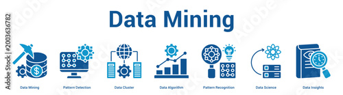 Data Mining web banner icon set vector illustration concept for business with icon of Data Mining, Pattern Detection, Data Cluster, Data Algorithm, Pattern Recognition, Data Scien.