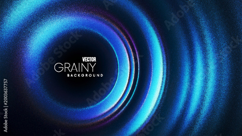 Futuristic glowing concentric rings created from thousands of individual dots. Dark abstract tunnel with luminous curved waves emerging from central void. Grainy stippling background for visual design