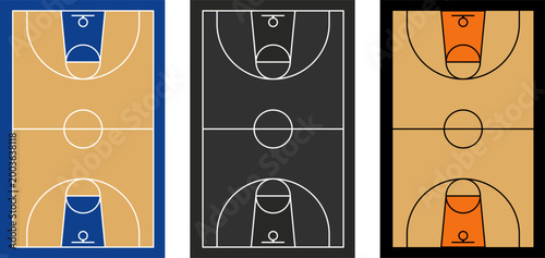 Basketball court top view with professional hardwood texture, tactical sports layout with three-point lines and paint areas, basketball arena floor plan in different color schemes