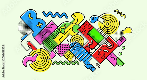 Abstract Memphis Style Geometric Pattern with Vibrant Colors and Shapes