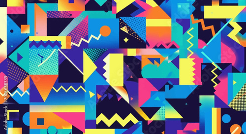Abstract Memphis Style Geometric Pattern with Vibrant Gradient Shapes