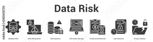 Data Risk web banner icon set vector illustration concept for business with icon of Database Risk, Data Manipulation, Data Exposure, Information Damage, Compromised Records, Leak Detecti.