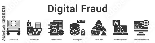 Digital Fraud web banner icon set vector illustration concept for business with icon of Digital Fraud, Identity Leak, Credential Loss, Phishing Trap, Cyber Theft, Data Manipulati.