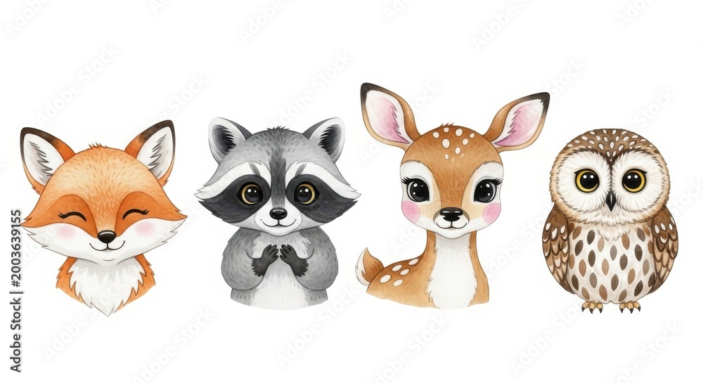 Fototapeta premium Cute forest animal characters are displayed in a watercolor collection.