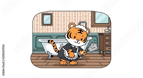 A cartoon tiger dressed as a maid, holding a duster in a vintage bathroom scene