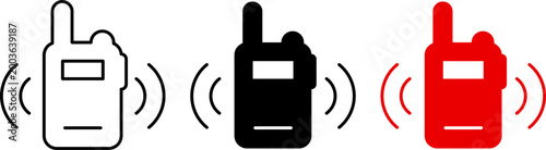 Portable walkie talkie radio communication device icons, wireless transmitter set with signal waves in multiple colors, security and emergency hand-held radio equipment symbols