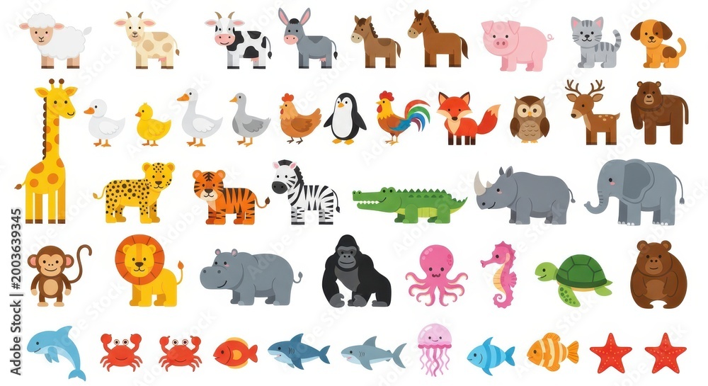 Obraz premium Collection of cute cartoon animals is arranged in a set on a white background.