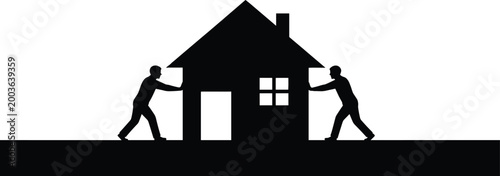 Black silhouette vector illustration of two men pushing a house together symbolizing teamwork, real estate movement, and home relocation