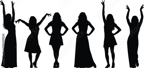 Black silhouettes of elegant women in dresses posing with hands up and dancing isolated on white background for fashion and celebration concepts