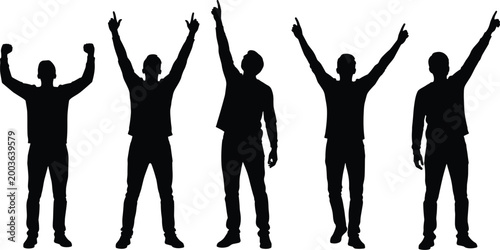 Bild auf Leinwand Black silhouettes of men celebrating success with raised arms and pointing upwar