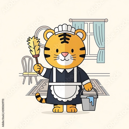 A cartoon tiger dressed as a maid, holding a feather duster and bucket, standing in a room with a window and a chair