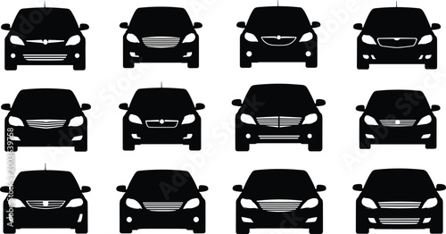 Set of black car front silhouettes featuring diverse automobile grill designs and headlight shapes isolated on white background