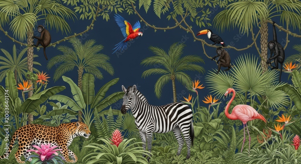 Fototapeta premium Tropical jungle scenery features a diverse collection of wildlife including a zebra, a leopard, exotic birds, and monkeys set against a dark foliage background.