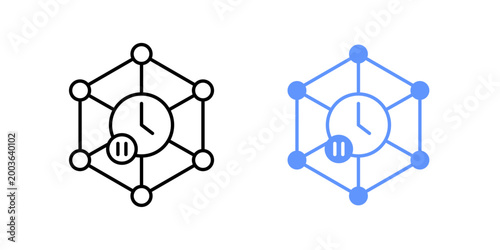 AI output delay icon. Processing node with clock indicator. Timeout state symbol. System waiting signal. Simple geometric illustration.