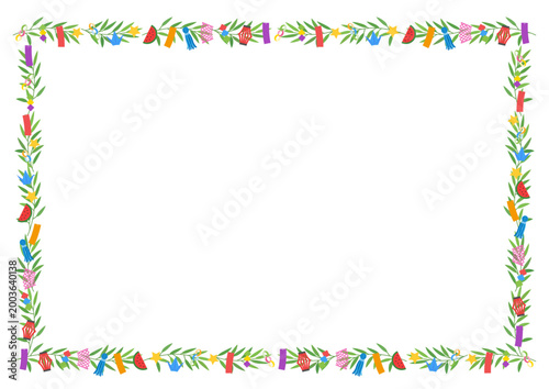 七夕フレーム 笹と飾りの横長ナチュラル枠ベクター