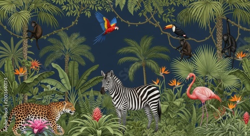 Tropical jungle scenery features a diverse collection of wildlife including a zebra, a leopard, exotic birds, and monkeys set against a dark foliage background.