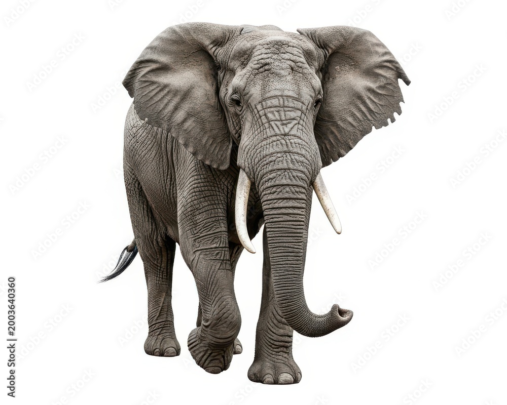 Obraz premium Majestic African elephant walks forward with ears spread wide against a white background.
