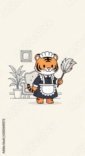A cartoon tiger dressed as a maid, holding a feather duster, with furniture and a houseplant depicted in a minimalist style