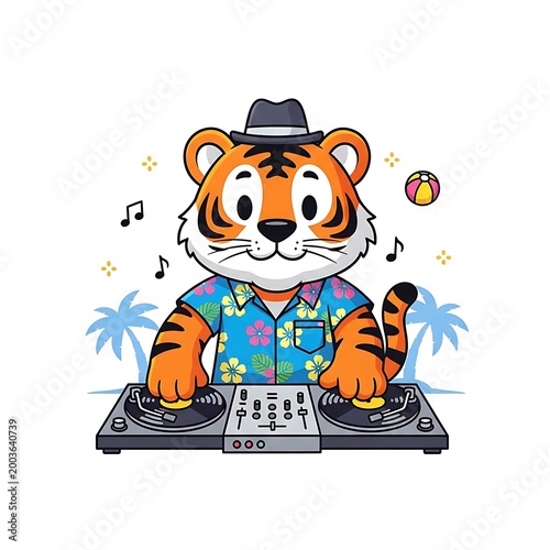 A cartoon tiger in a Hawaiian shirt and hat is a DJ with a mixer and turntables, enjoying music near palm trees and a beach ball