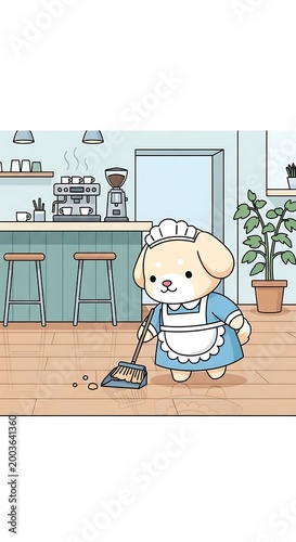 A cartoon dog, dressed as a maid, sweeps a wooden floor in a cafe setting with a coffee machine, cups, a plant, and a door in the background